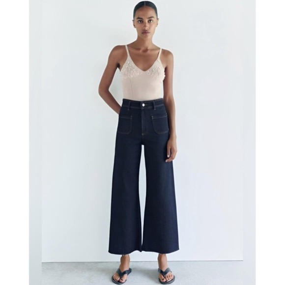 Zara Denim - Zara Women Blue High Rise Wide Leg Marine Straight Jeans Raw Hem Size 12 Indigo